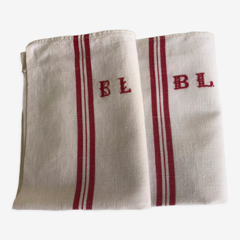 Pair of antique tea towels with the initials BL