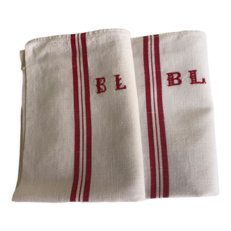 Pair of antique tea towels with the initials BL