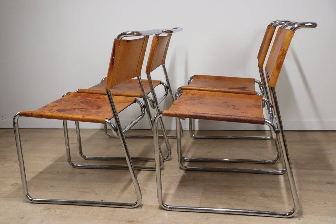 Set of 4 vintage leather and chrome metal chairs, 1970