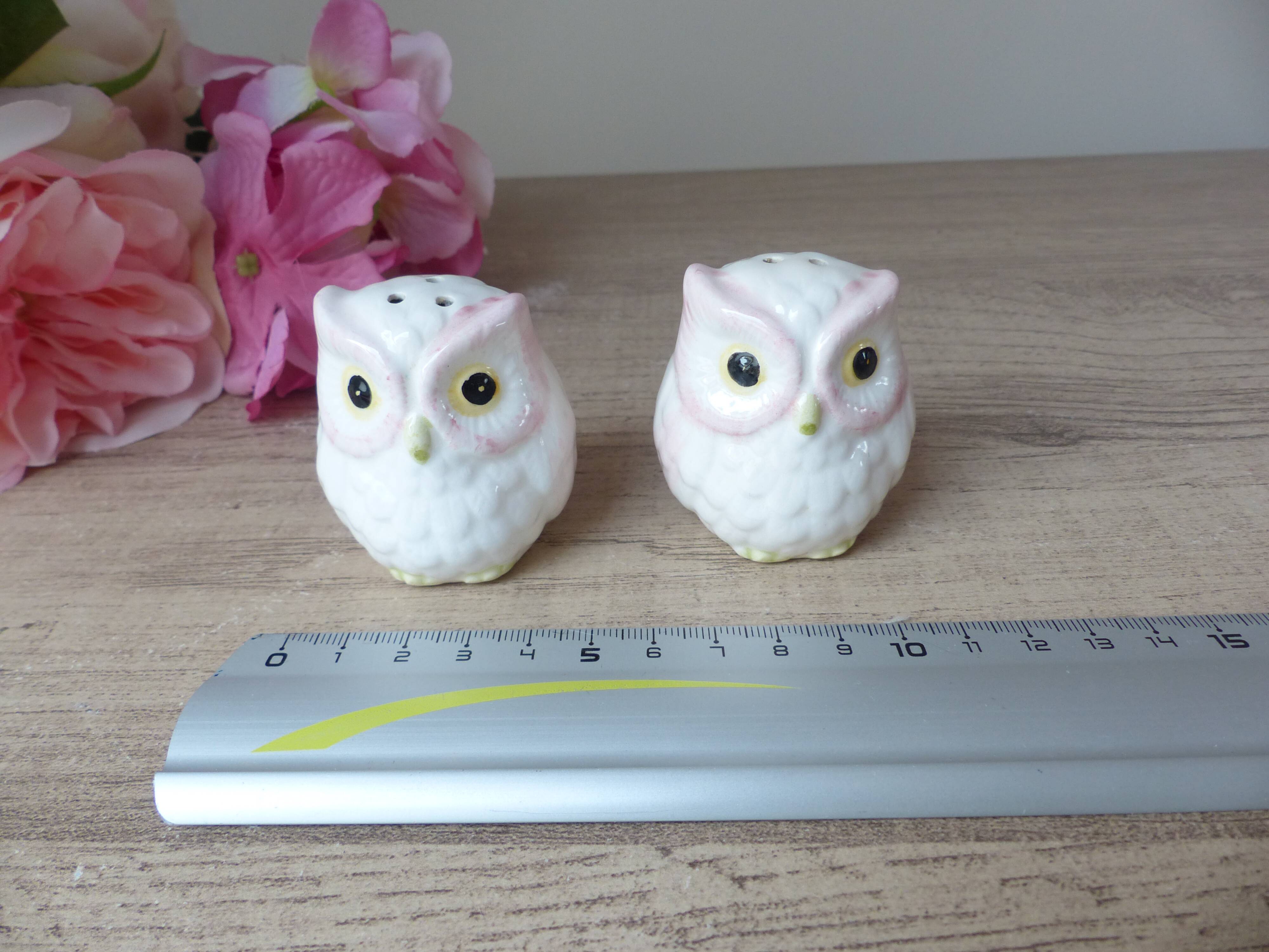Vintage japan white and pink ceramic owl salt and pepper shaker set