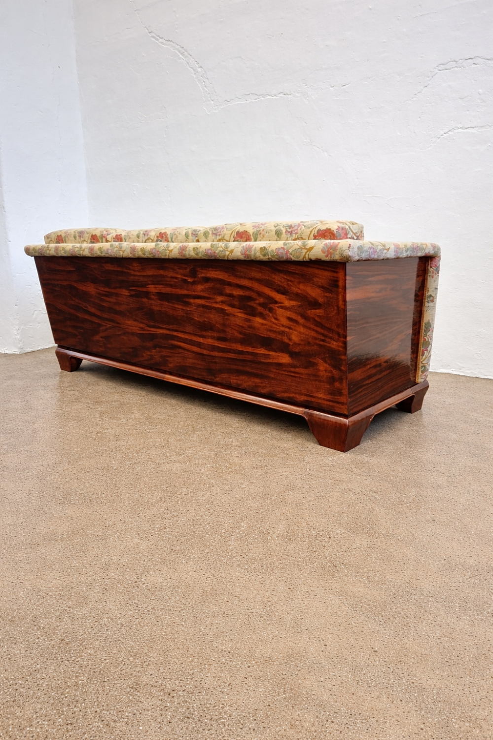 Macassar veneer Art Deco sofa with floral fabric, Austria, 1930s.
