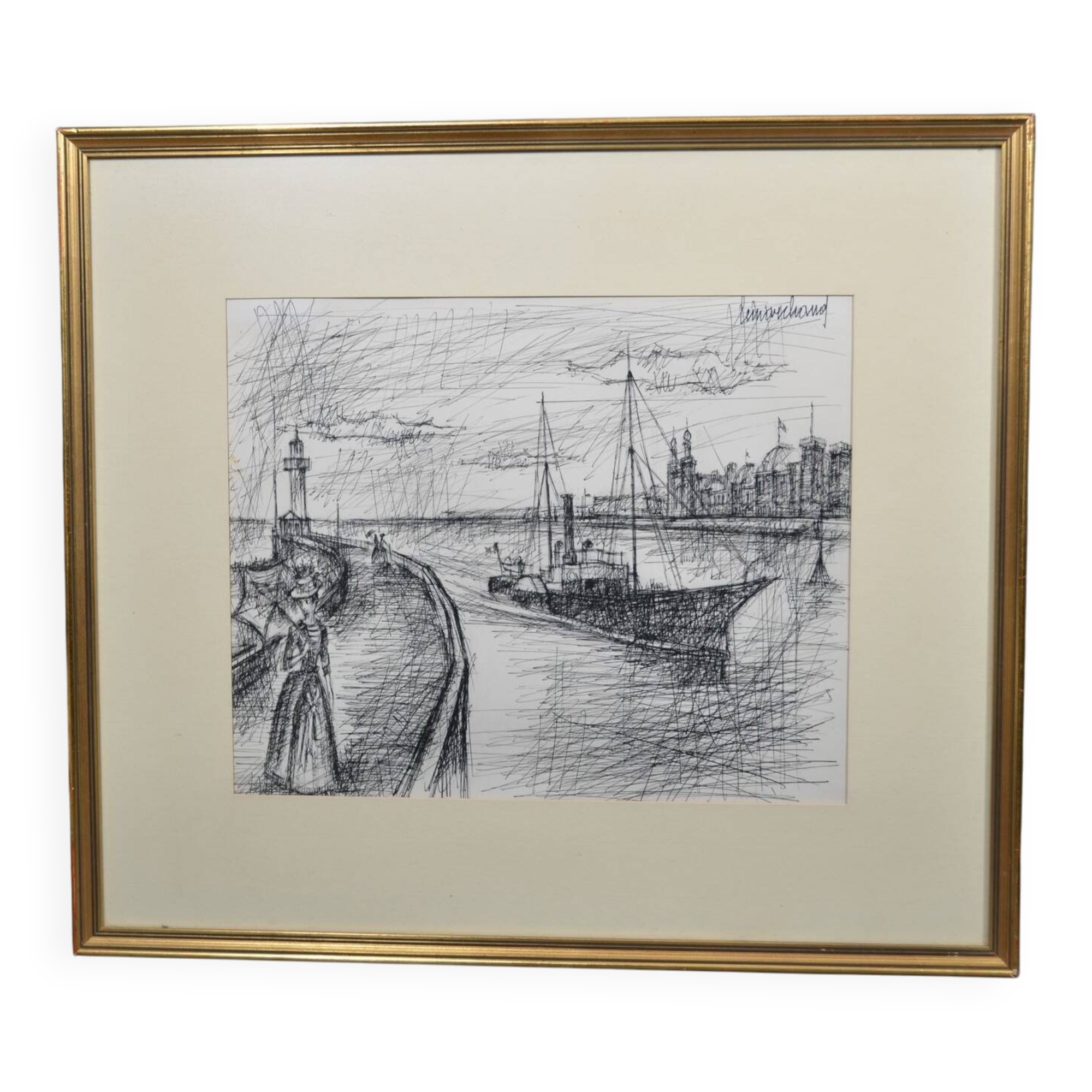 French school of the 20th century "the boat in a port with the elegant women"