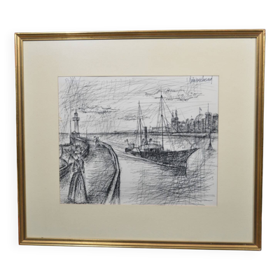 Ecole française du XXème siècle ''le bateau dans un port avec les élégantes
