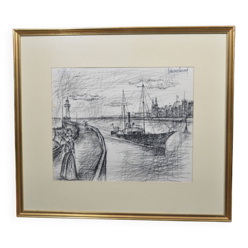 French school of the 20th century "the boat in a port with the elegant women"
