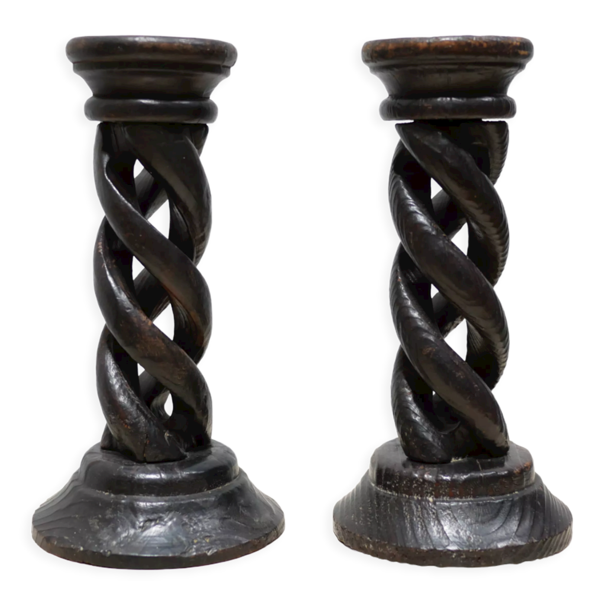 Pair of antique turned wooden candle holders
