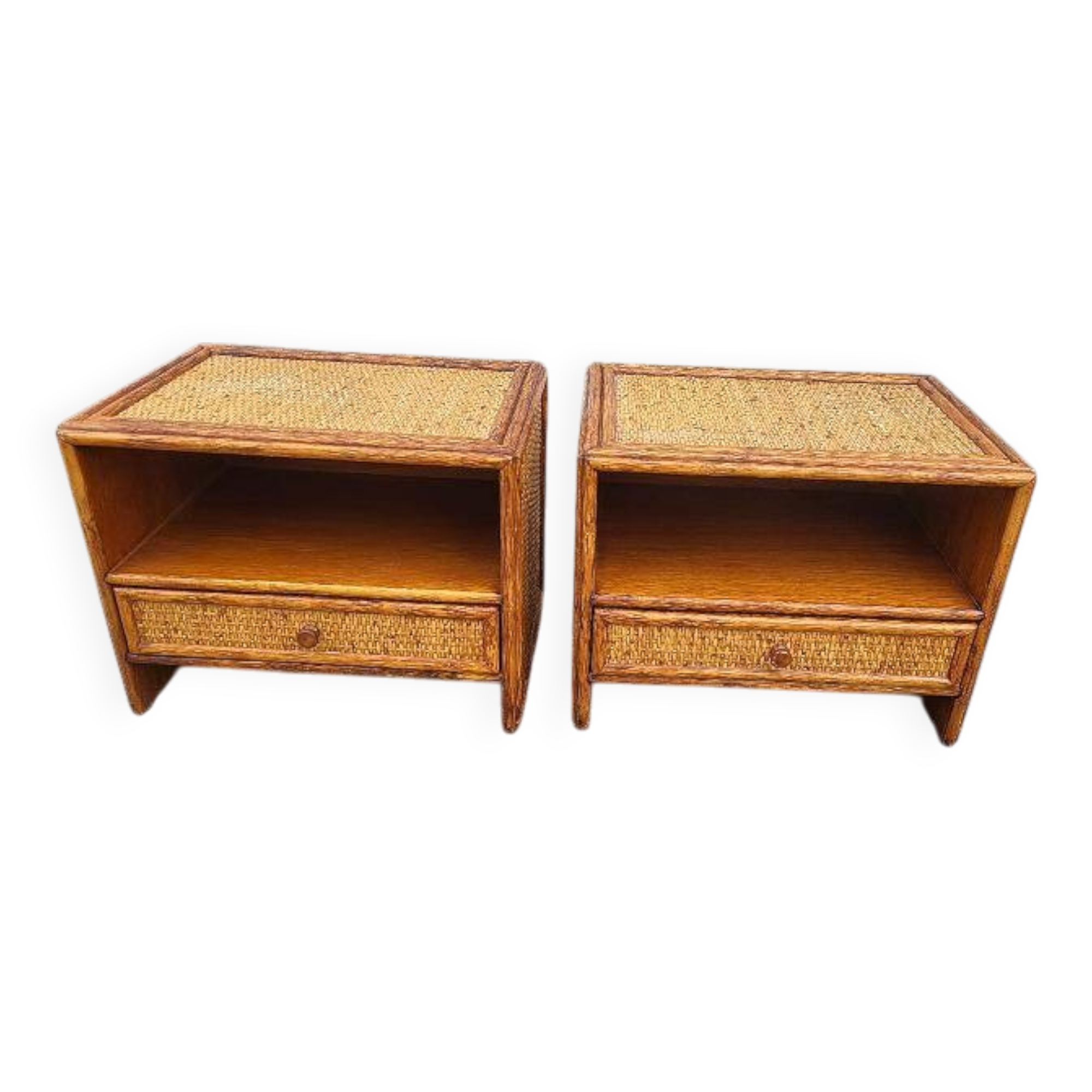 Pair of vintage maugrion rattan nightstands with drawers