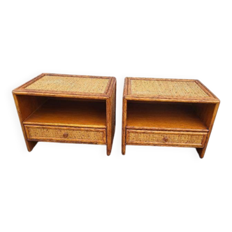 Pair of vintage maugrion rattan nightstands with drawers