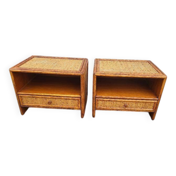 Pair of vintage maugrion rattan nightstands with drawers