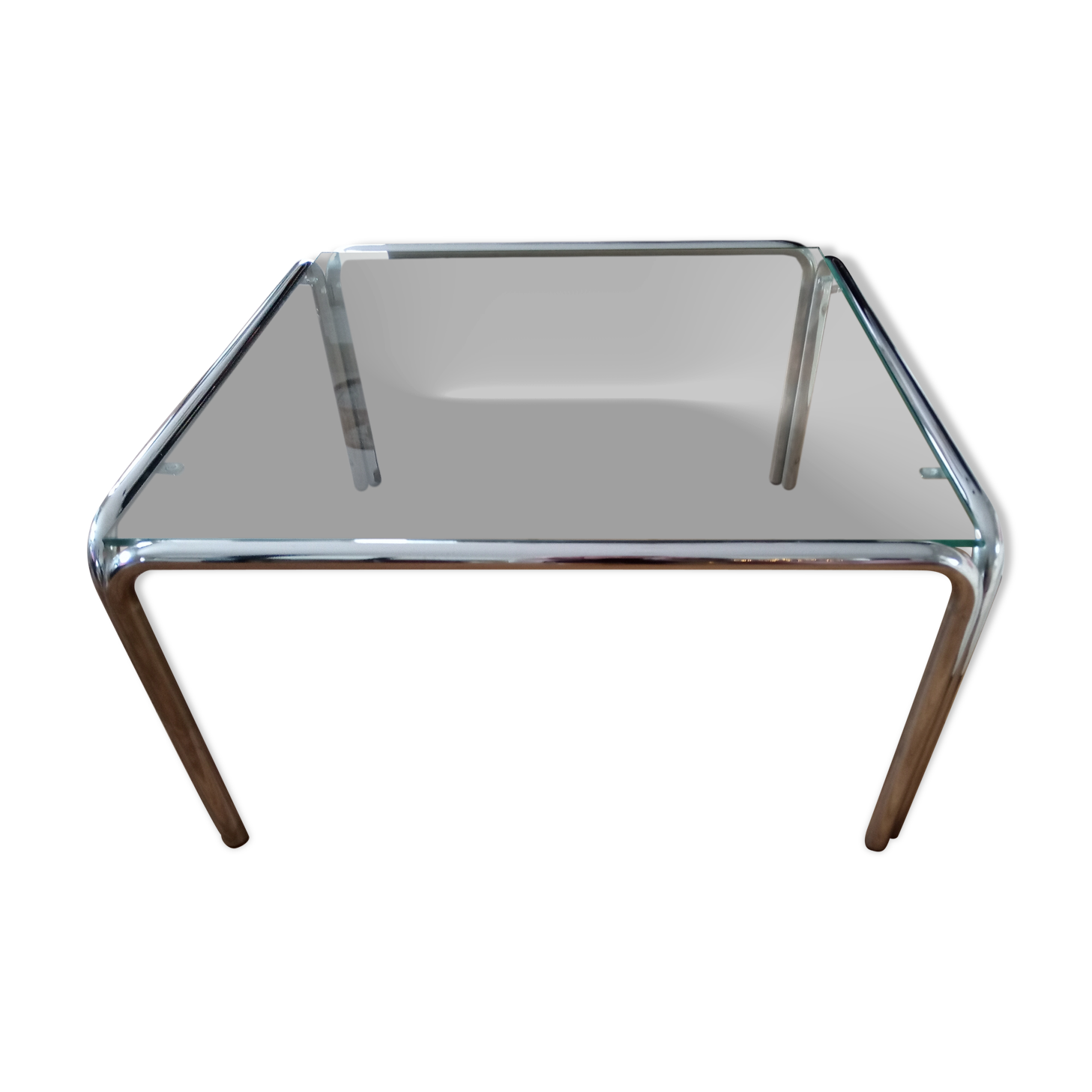 Table basse carrée vintage années 70 plateau en verre transparent et pieds chromé