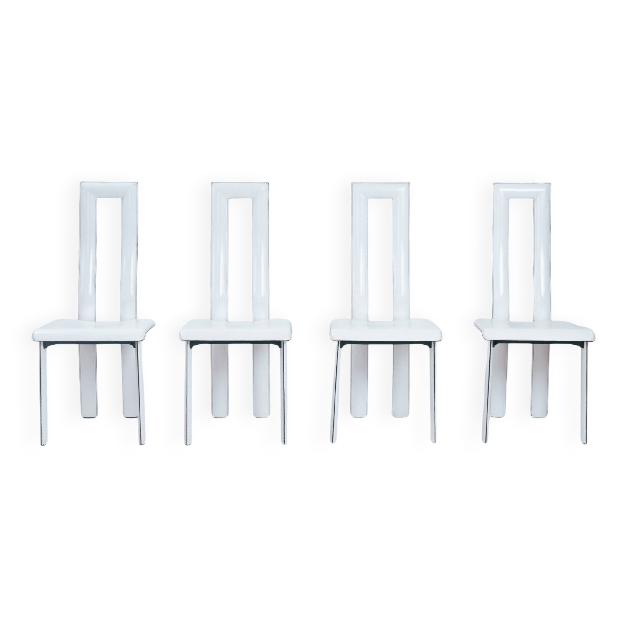 White Italian leather highback dining chairs by Ycami Italy, set of 4, 1980s