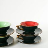Set of 6 black and colored earthenware cups and saucers, 1950