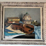 Huile sur panneau, violon sur table, signée Charles-Pierre Bernard
