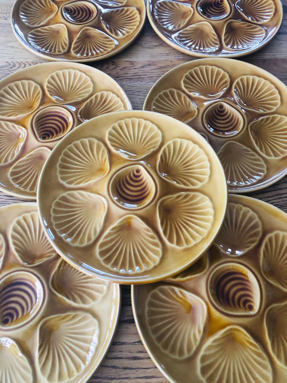 oyster plates and vintage earthenware dish, beautiful amber colour, impeccable condition