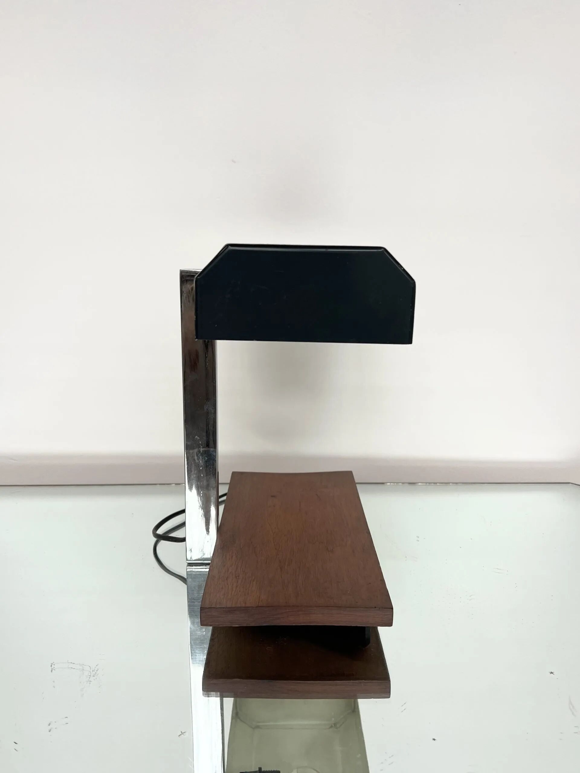 1950s desk lamp with teak base and grey lacquered metal