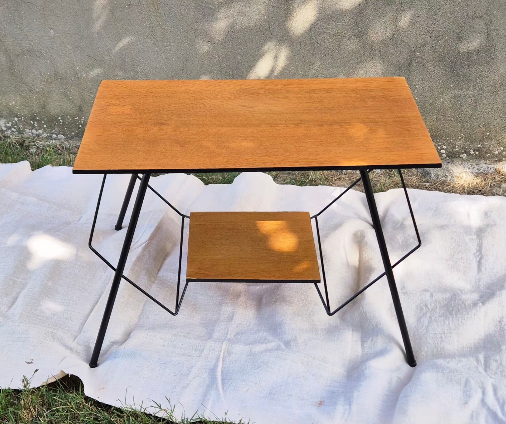 Small table, vintage Scandinavian TV unit in metal and wood, renovated.