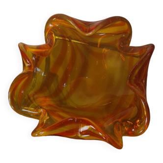 empty pocket, thick glass ashtray, yellow and red, 20x20xh 9cm, Murano Venice 1970,,