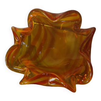 vide poche,  cendrier  verre epais , jaune et rouge ,20x20xh 9cm   ,murano venise 1970,,