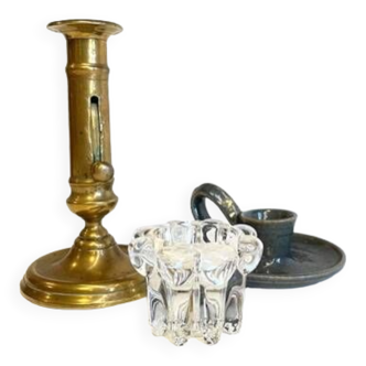 3 candlesticks in vintage brass and crystal