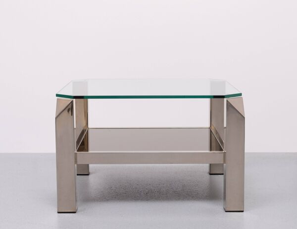 Table basse carrée en chrome et verre du milieu du siècle par Belgo chrome, années 1970