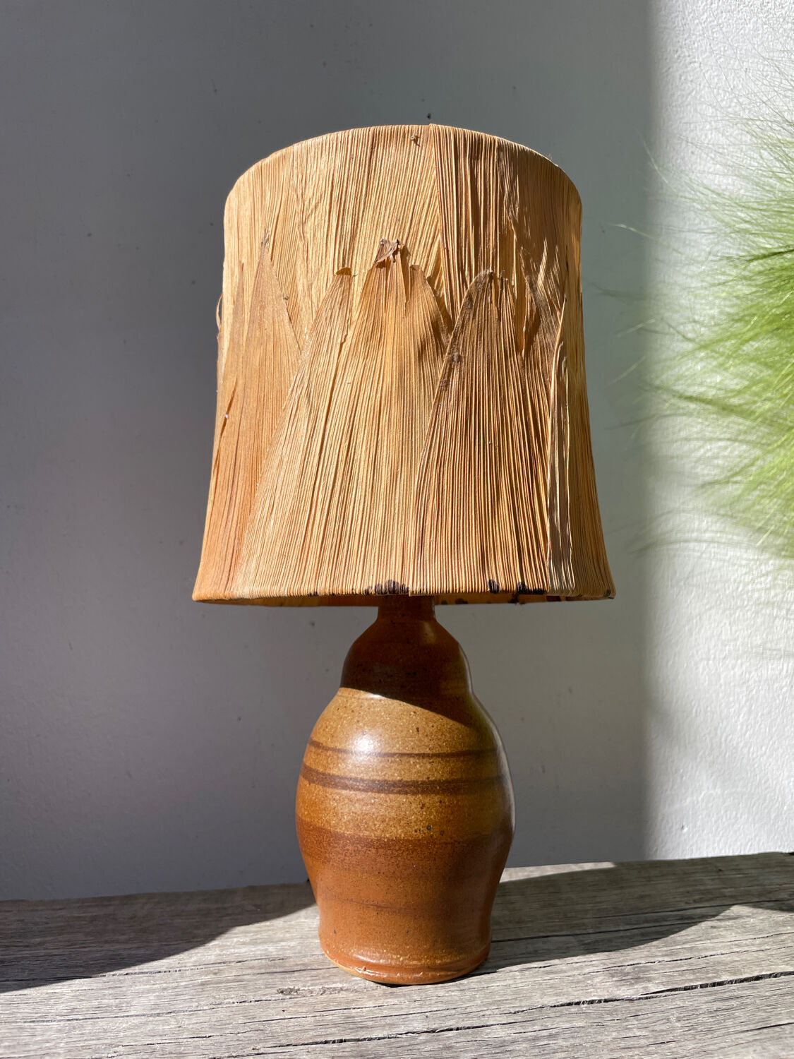 1970s brown ceramic lamp with foliage shade
