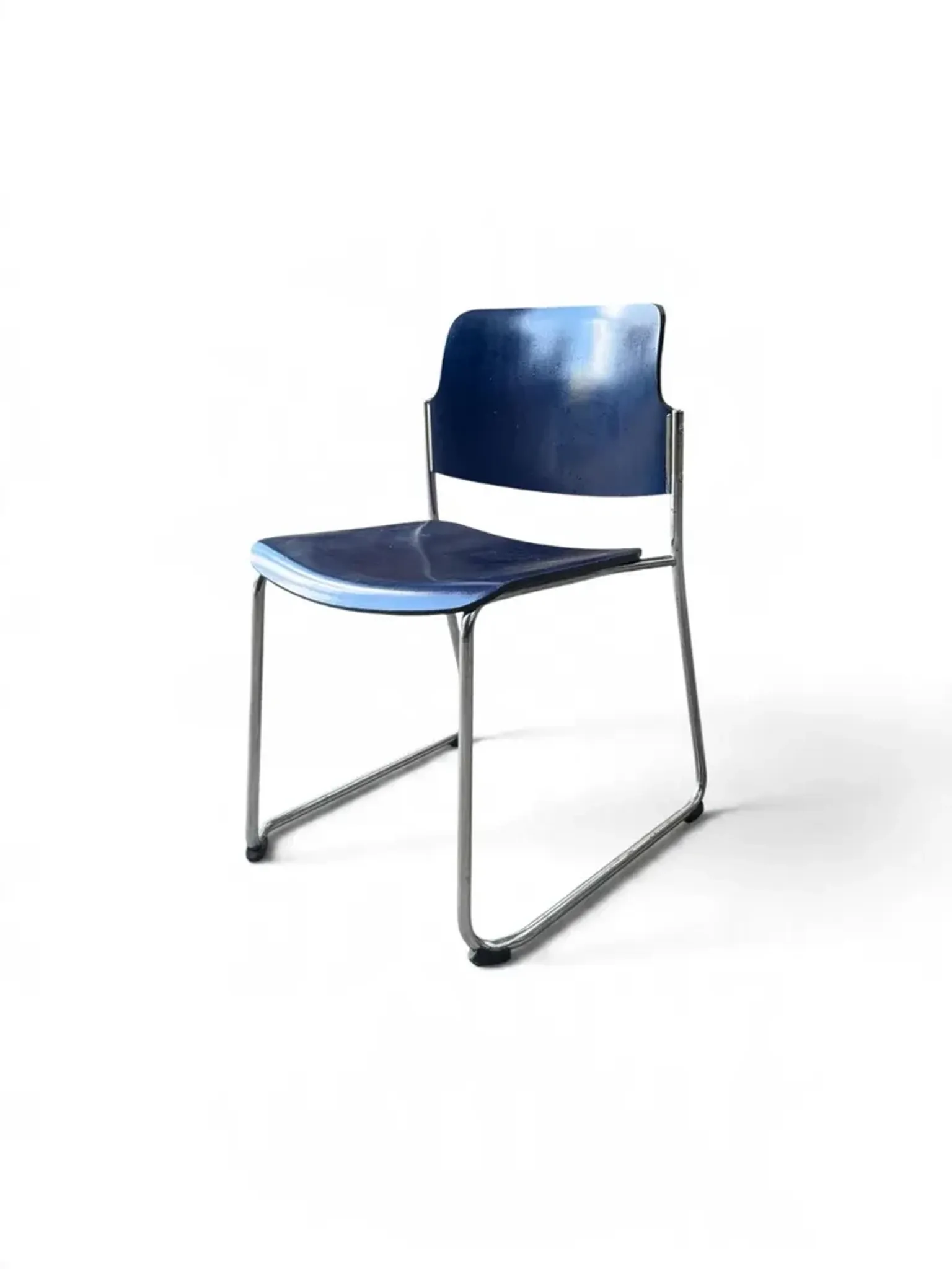 Vintage blue chairs, chrome metal structure, modern mid-century retro seats