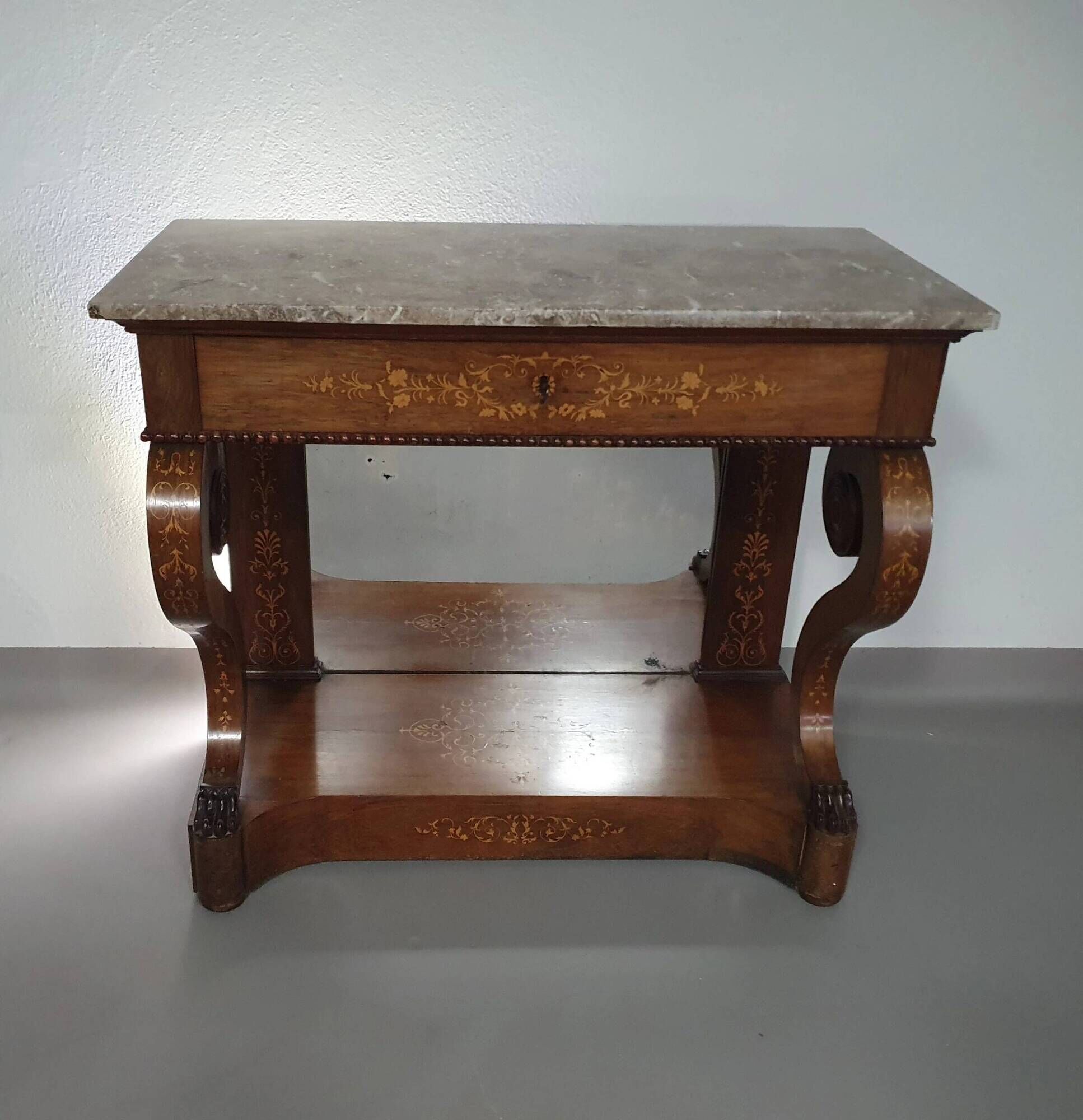 Trumeau / table d'appoint français des années 1830 avec marqueterie de bois
