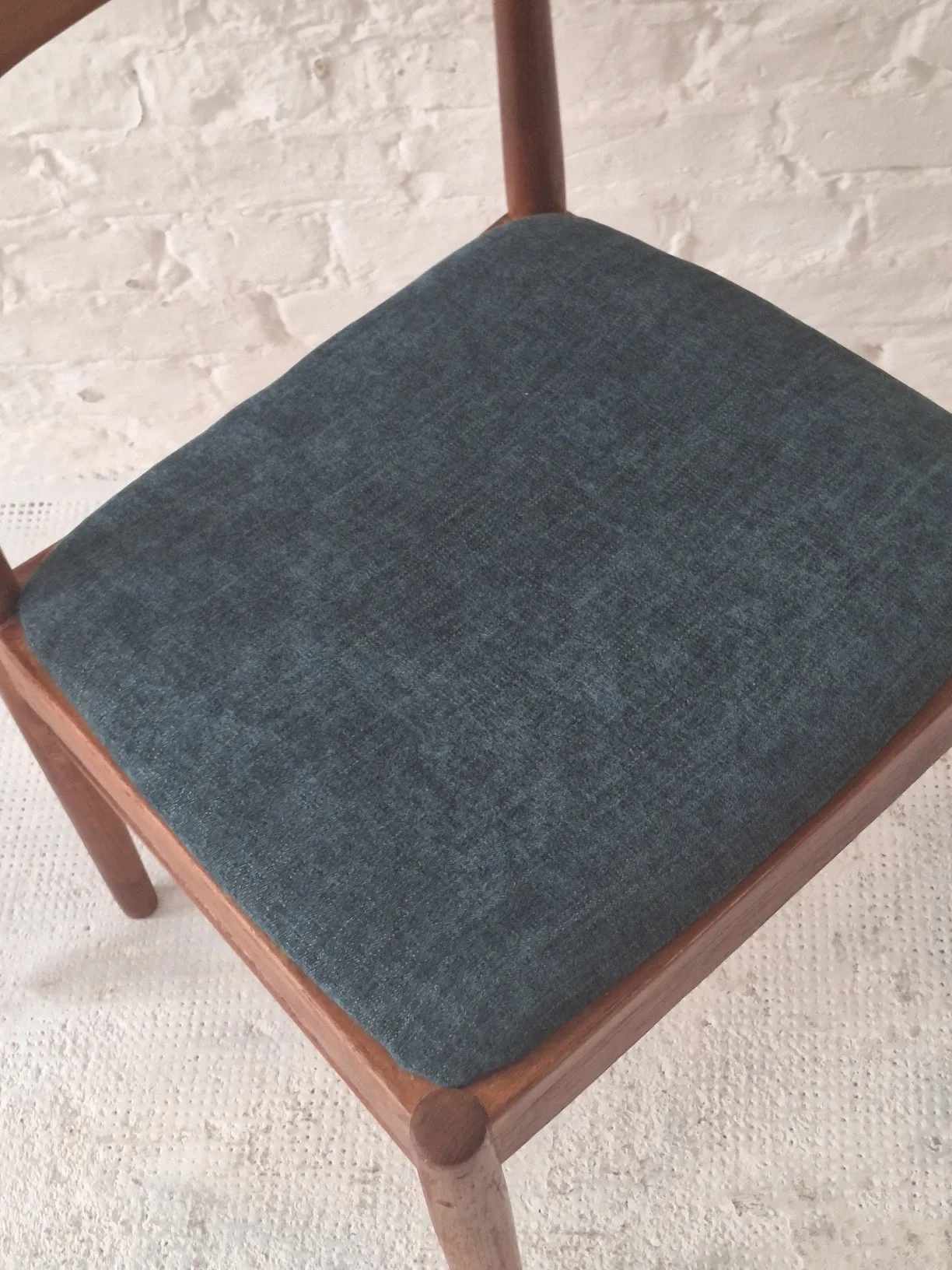 Pair of Henning Kjaernulf teak dining chairs sea blue-green, Denmark 1960s