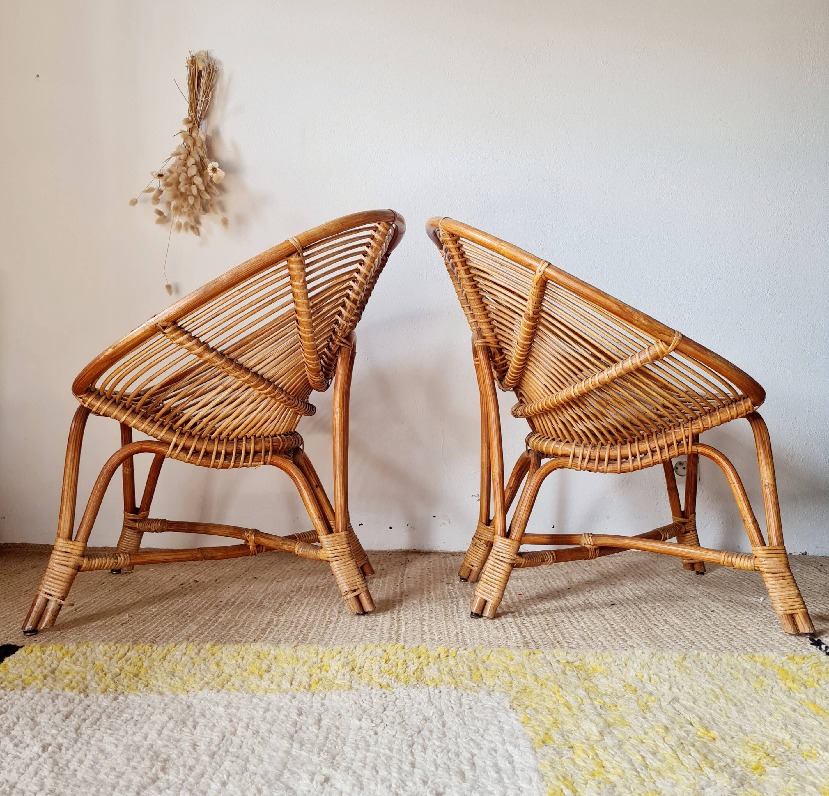 Pair of vintage basket chairs in rattan – Riviera style 1960