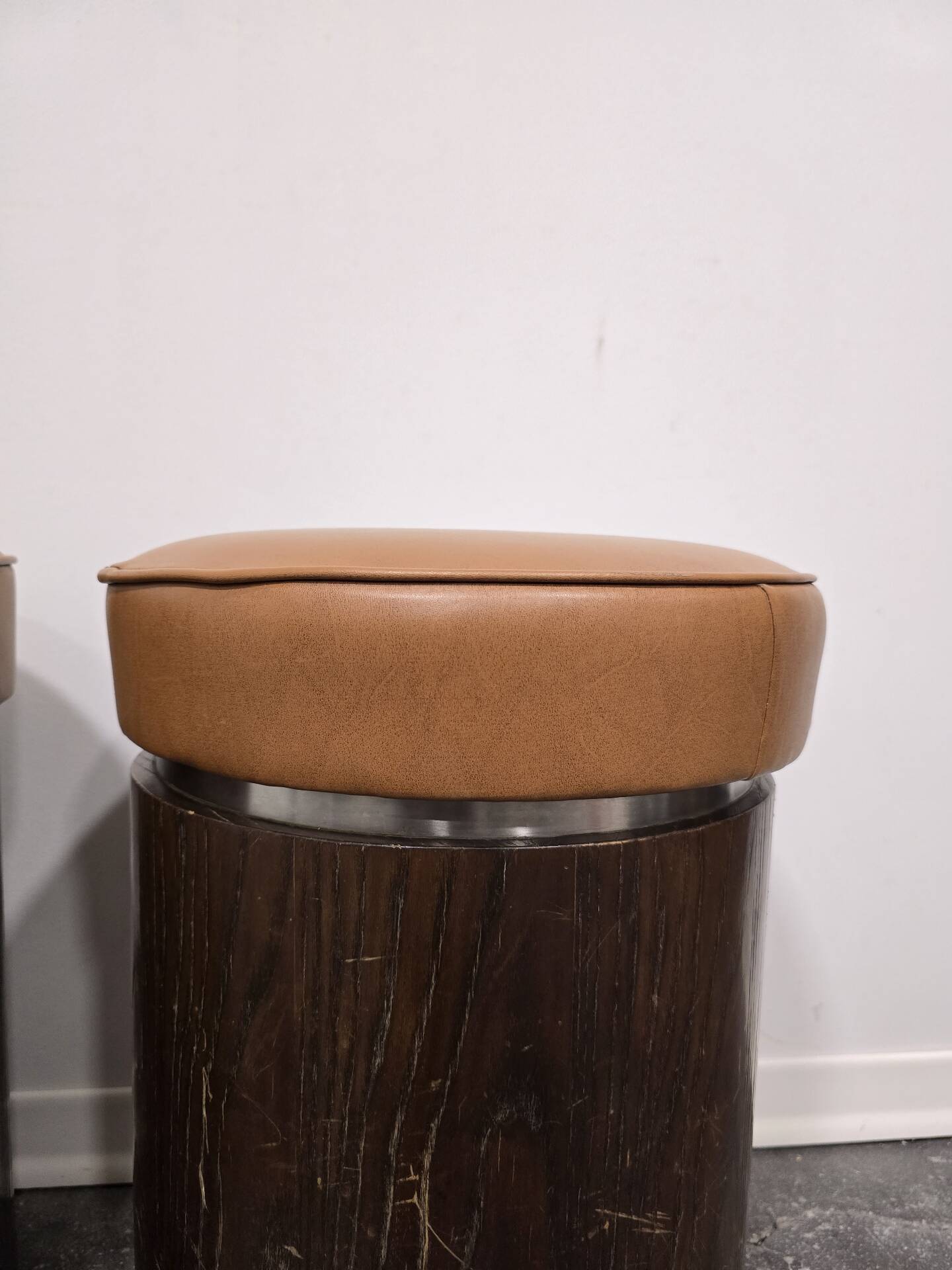 1970s Vintage Wooden Stool – Faux Leather Cushion & Aluminium Trim