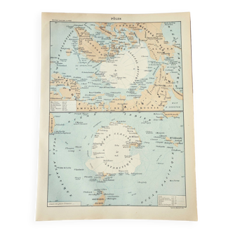 Gravure ancienne 1898, Pôles arctique et antarctique • Lithographie, Planche originale