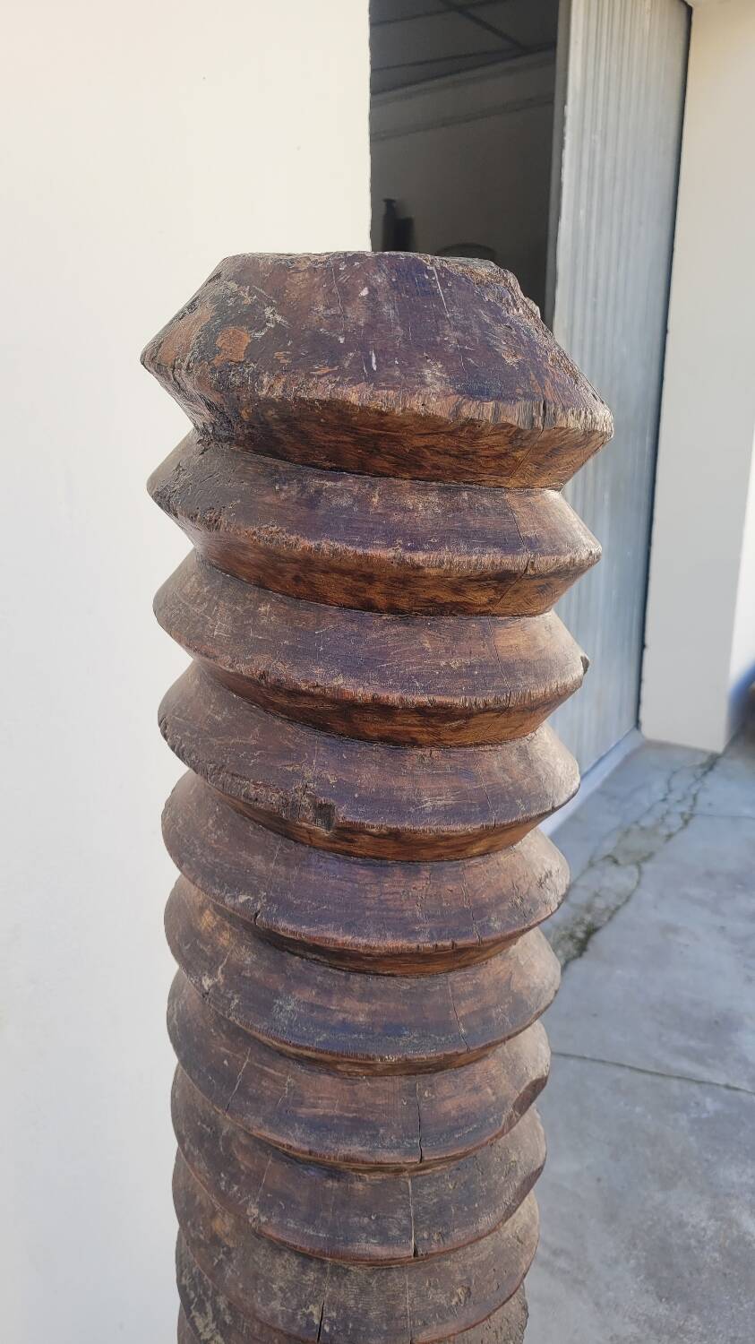 Old wooden press screw column 19th rustic folk art in oak