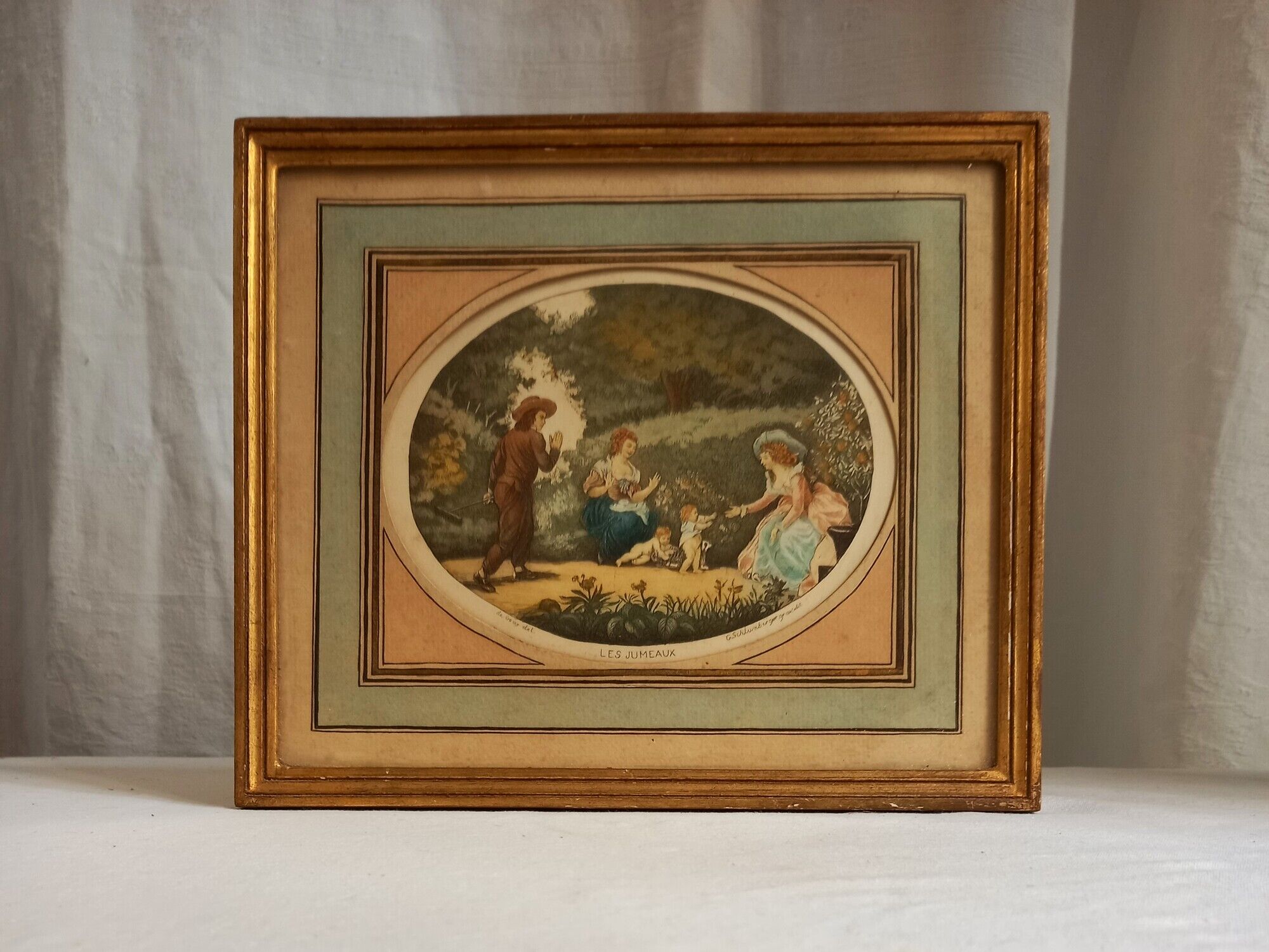 Antique print, country scene, entitled "the twins", engraved by G.Schlumberger (1807-1862)