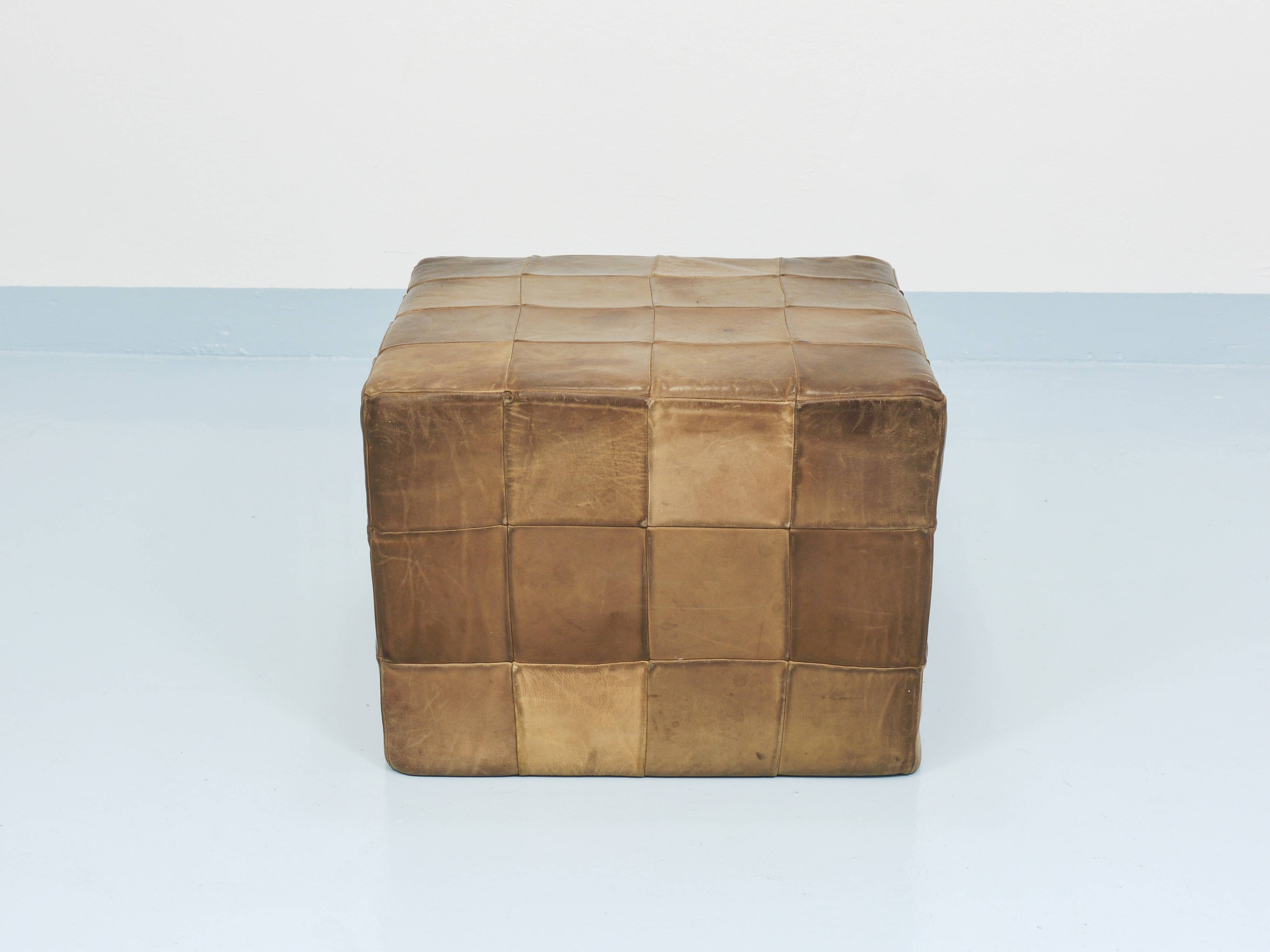 De Sede Patchwork Leather Cube Stool, Pouf, Ottoman, Switzerland, 1970s