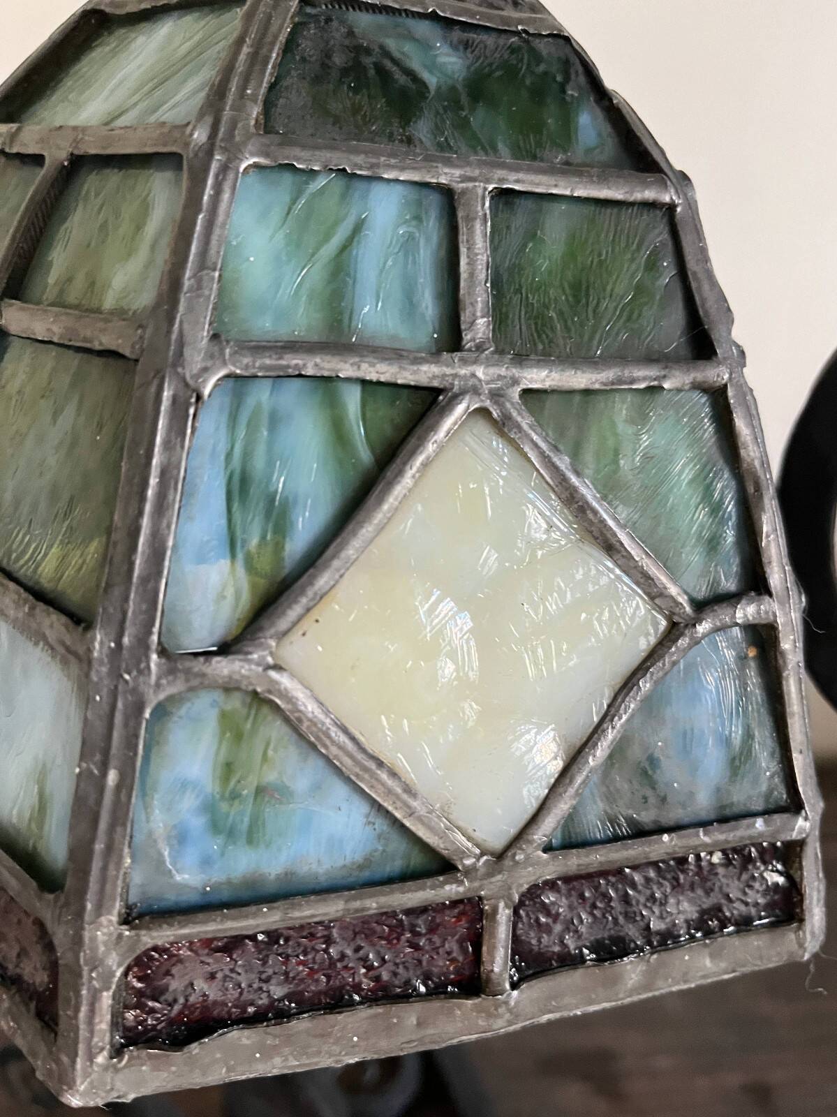 Antique Arts & Crafts Lamp cf. Tiffany Wrought iron and stained glass