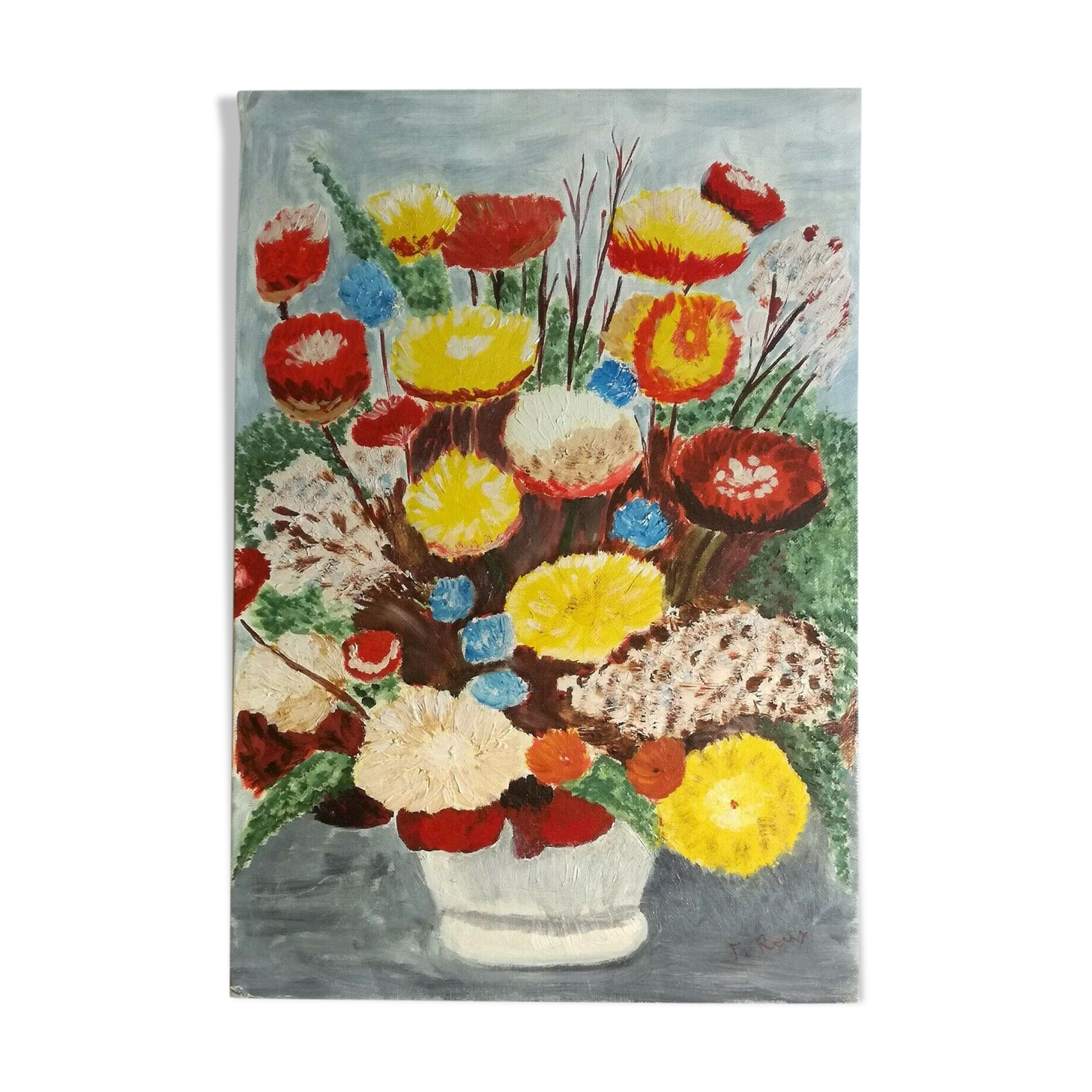 Table oil on J.Roux flower bouquet panel