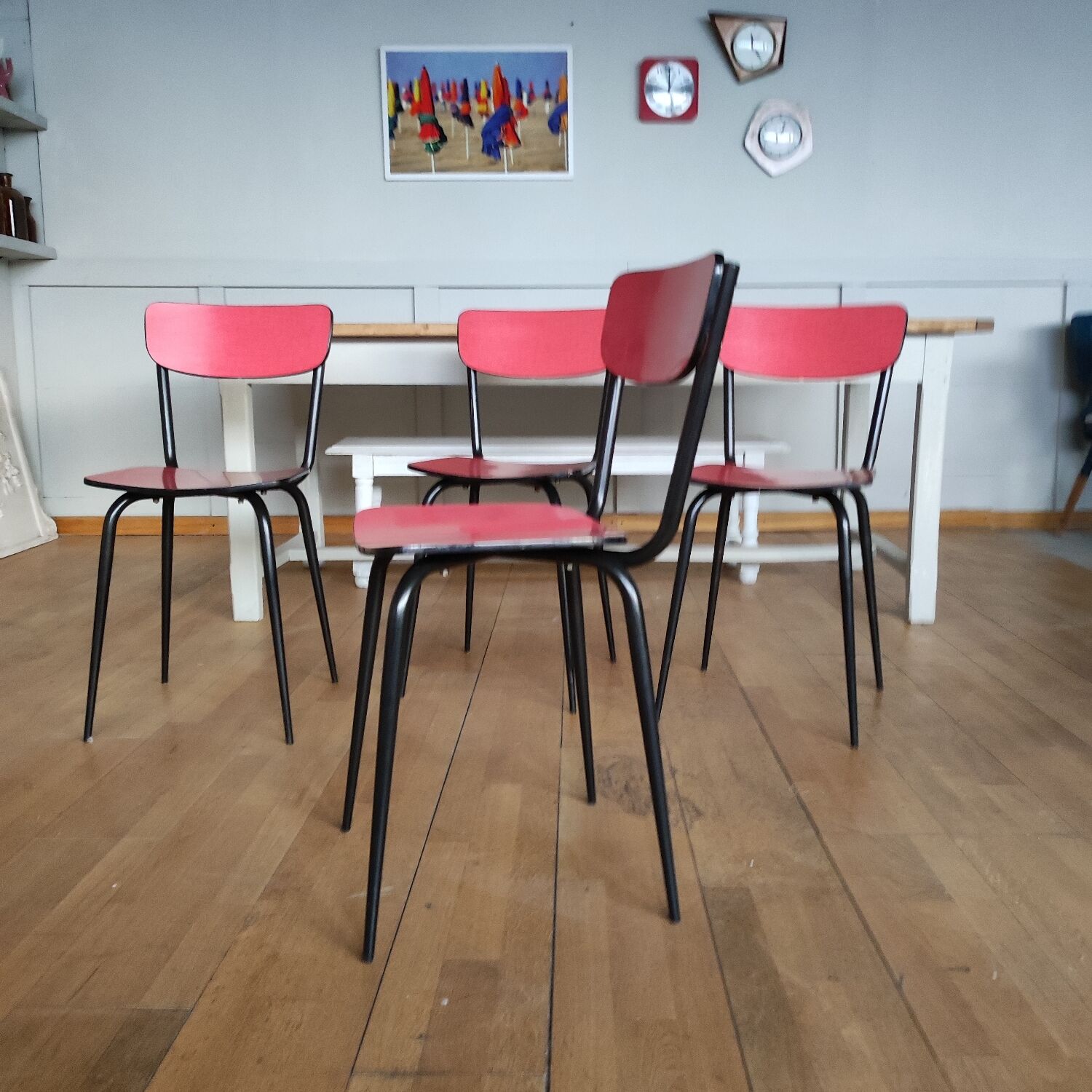 4 restored red formica chairs with black legs