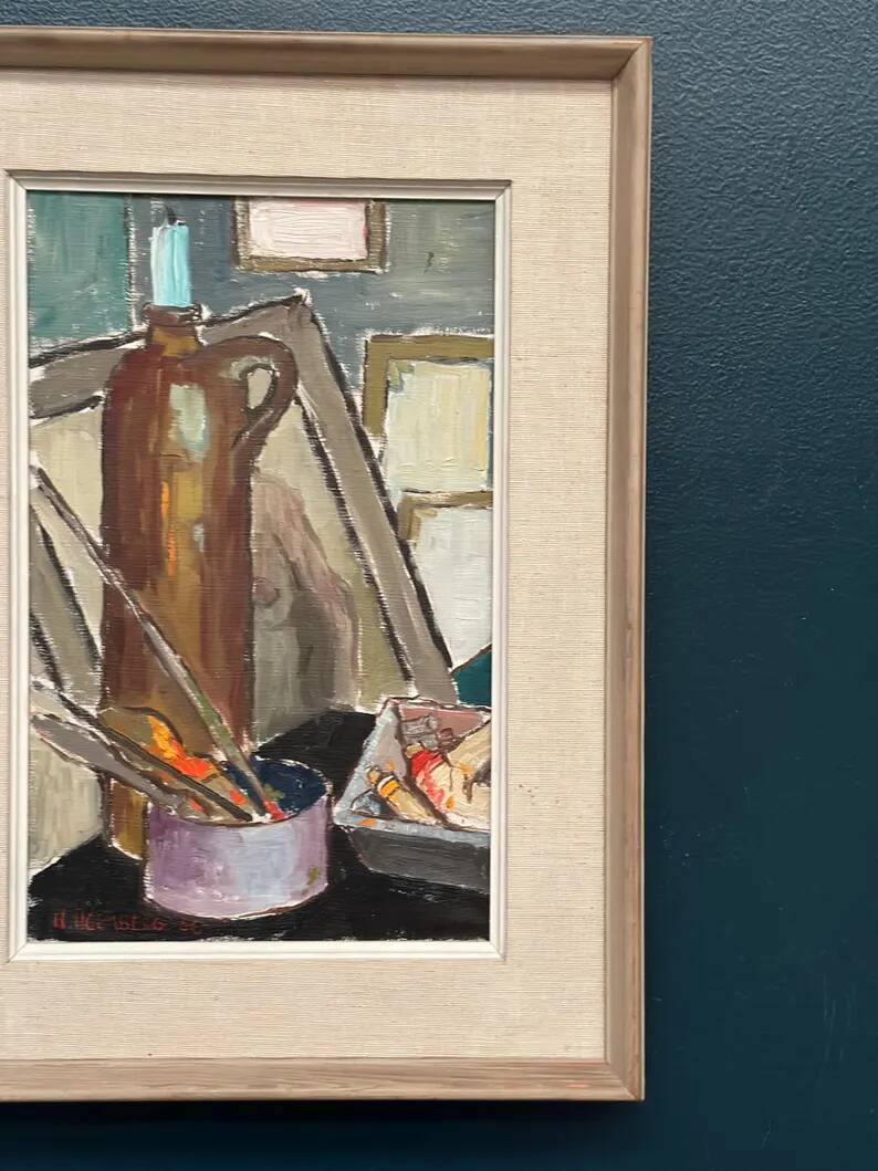 Original Swedish Oil on Canvas – “Still Life” by Harry Holmberg – Signed – Dated 1956 – Vintage & Framed – 47 × 34.5 cm (18.5" × 13.6")