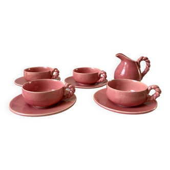 set of 4 cups and sub-cups and milk jug in pink ceramic signed Vallauris years 60-70