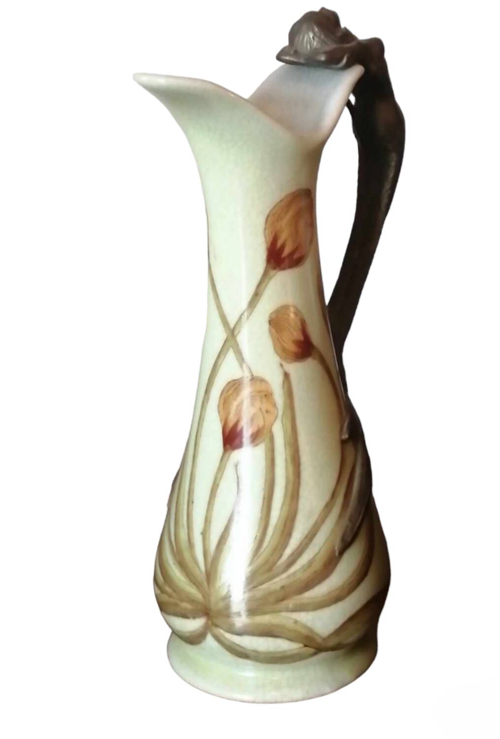 Ancienne carafe Art Nouveau céramique et anse bronze décor sirène/Anno 1906