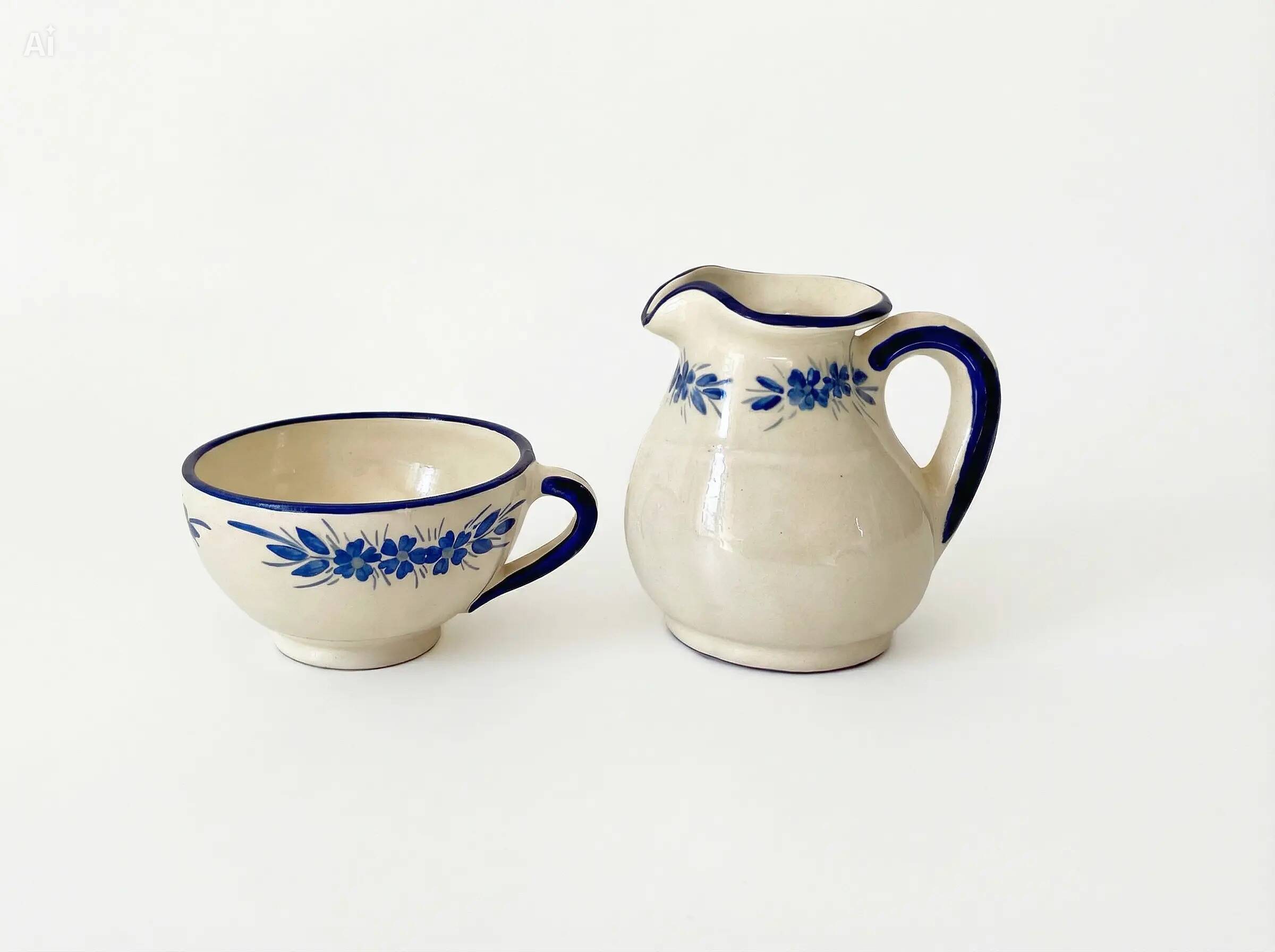 Handcrafted ceramic pitcher and bowl signed – blue decor – vintage tableware