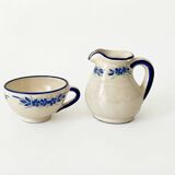 Handcrafted ceramic pitcher and bowl signed – blue decor – vintage tableware