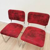 Set of 2 Dining Chair: Red Fabric, Tubular Frame, Retro 1970s