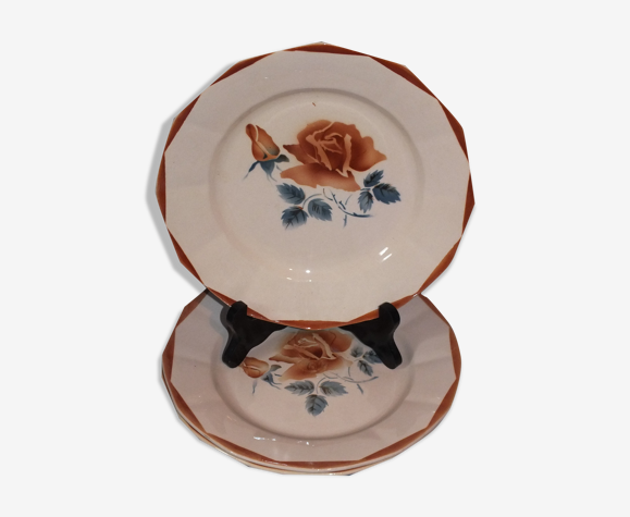 3 assiettes plates Digoin Sarreguemines rose poudré décor 9181