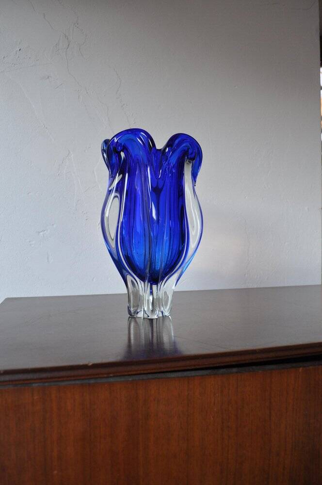 Vintage cobalt blue blown glass vase, organic shape from the 1960s.