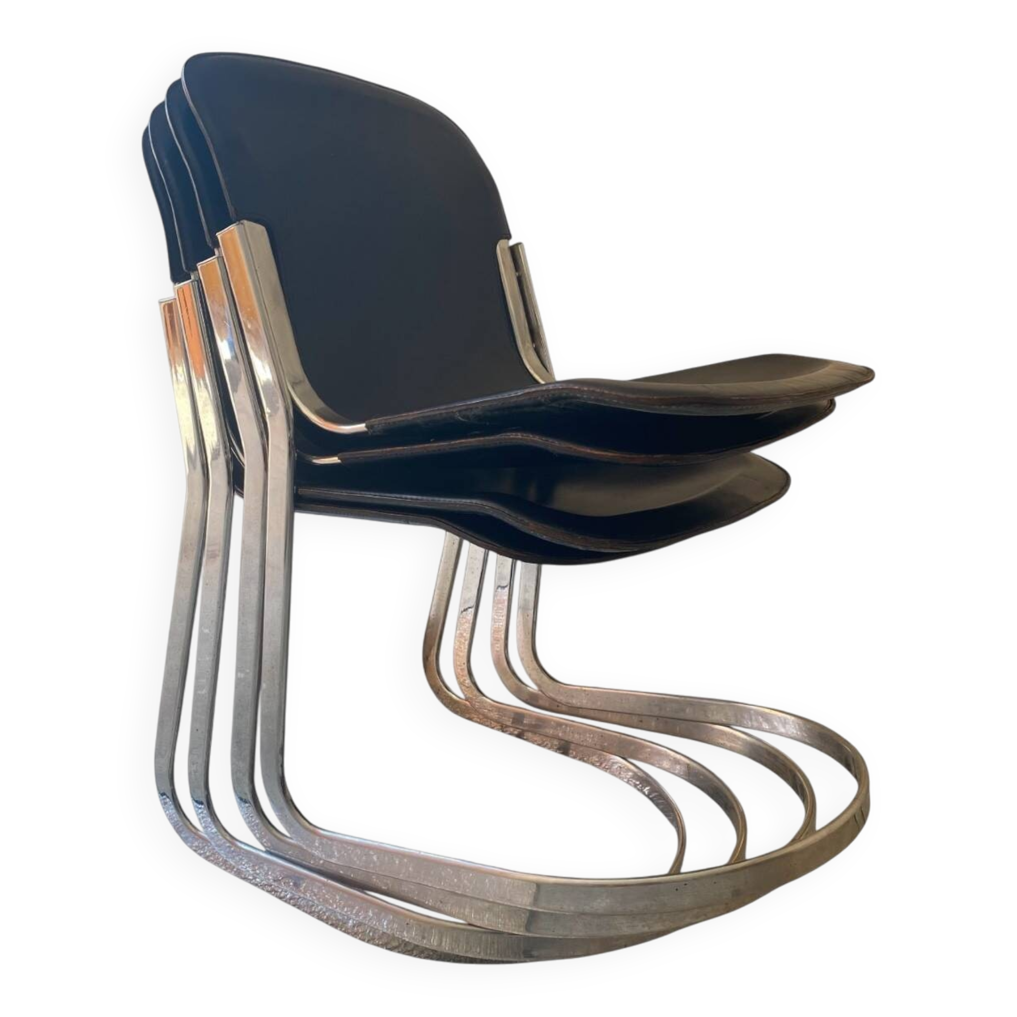 4 leather and chrome metal chairs attributed to Willy Rizzo, 1970s