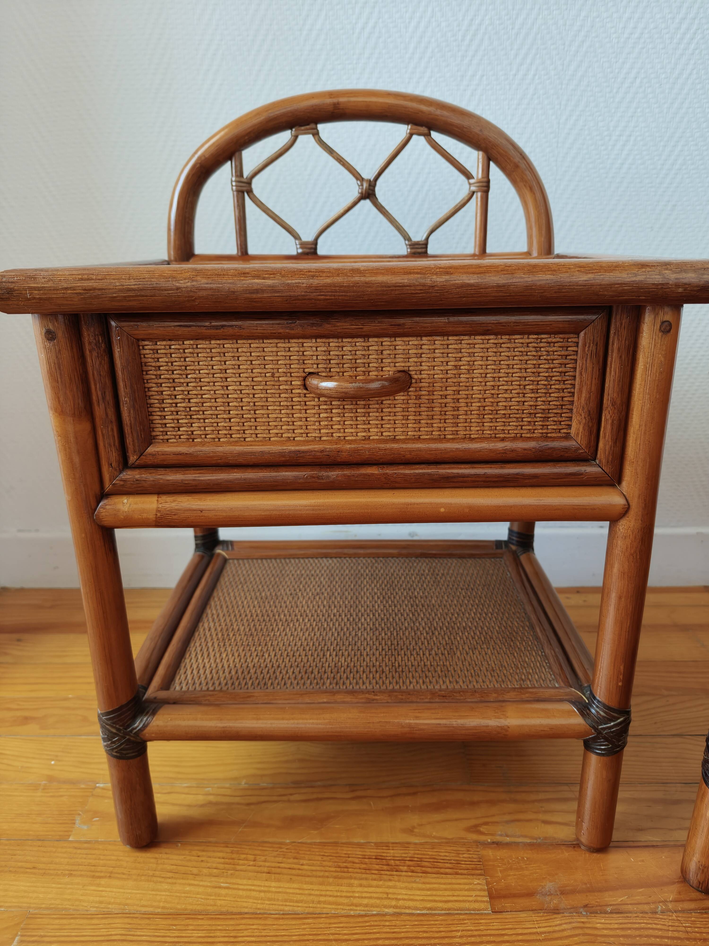 Pair of vintage rattan and cane bedside tables, 1970s