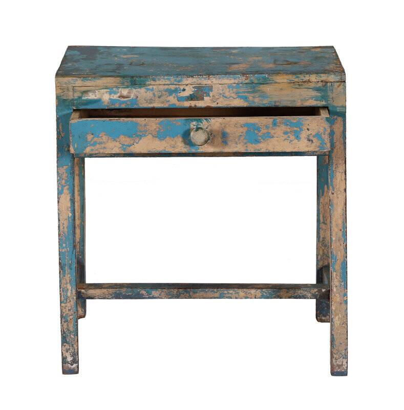 Table bleue console ancien bureau indien avec tiroir bois teck patine et piece d'origine