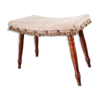Wooden footrest with fringed fabric upholstery, 1970