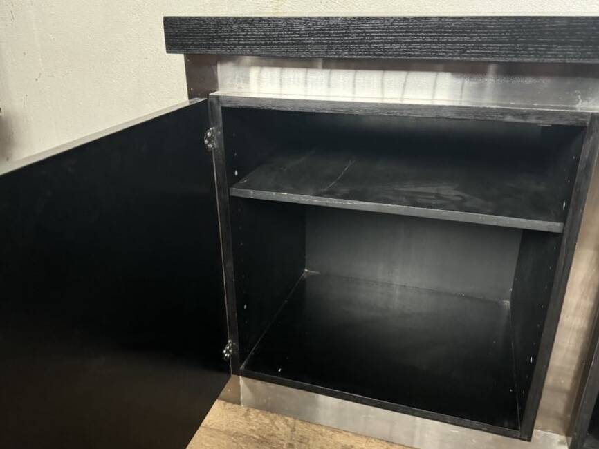 Vintage wooden and aluminum sideboard designed by the 1970s with 3 doors and 4 drawers