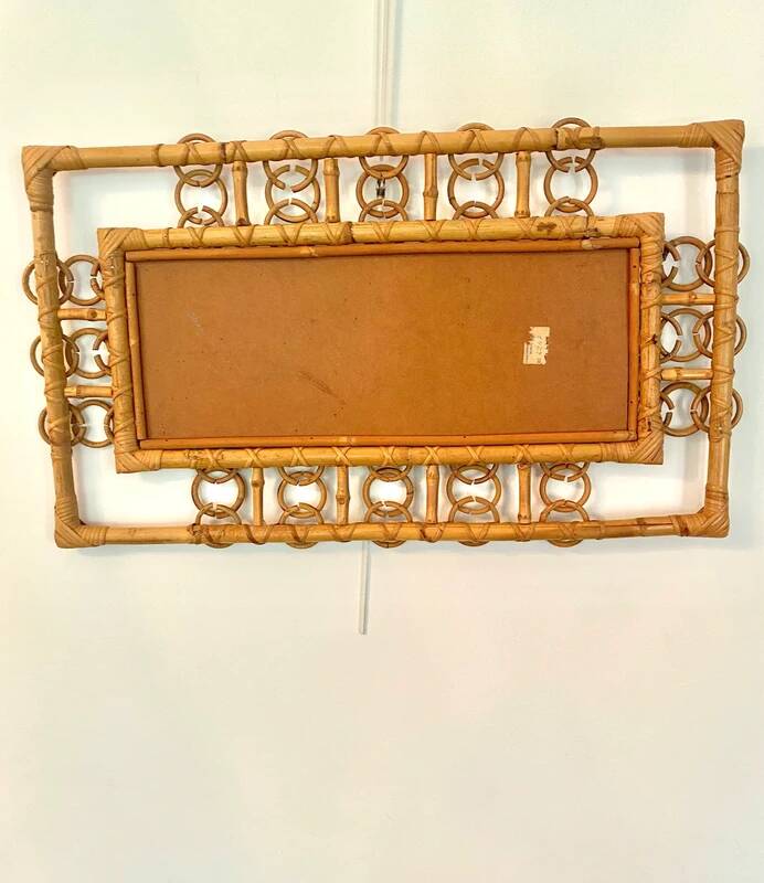 Miroir rectangulaire en rotin et osier, détails anneaux – travail espagnol, années 1950